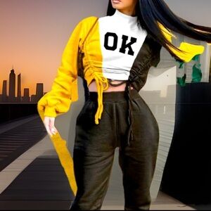 “OK” Crop Multicolor Ruched Sides l Long Sleeve Pullover Sexy Crop Shirt